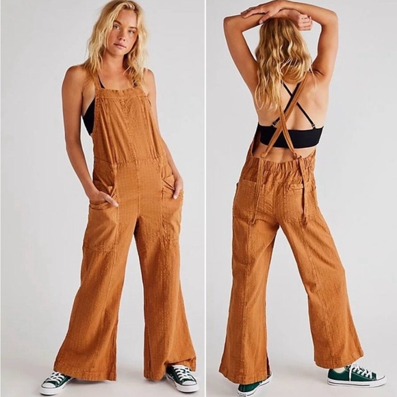 FP Savannah Overalls Jumpsuit Size M Wide Leg Flare Tie Back Cinnamon - EUC - Picture 1 of 9